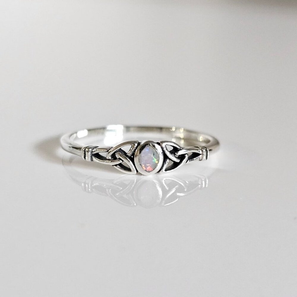 Womens 925 Sterling Silver White Opal Celtic Ring Tiny Dainty Rainbow Stone Ring